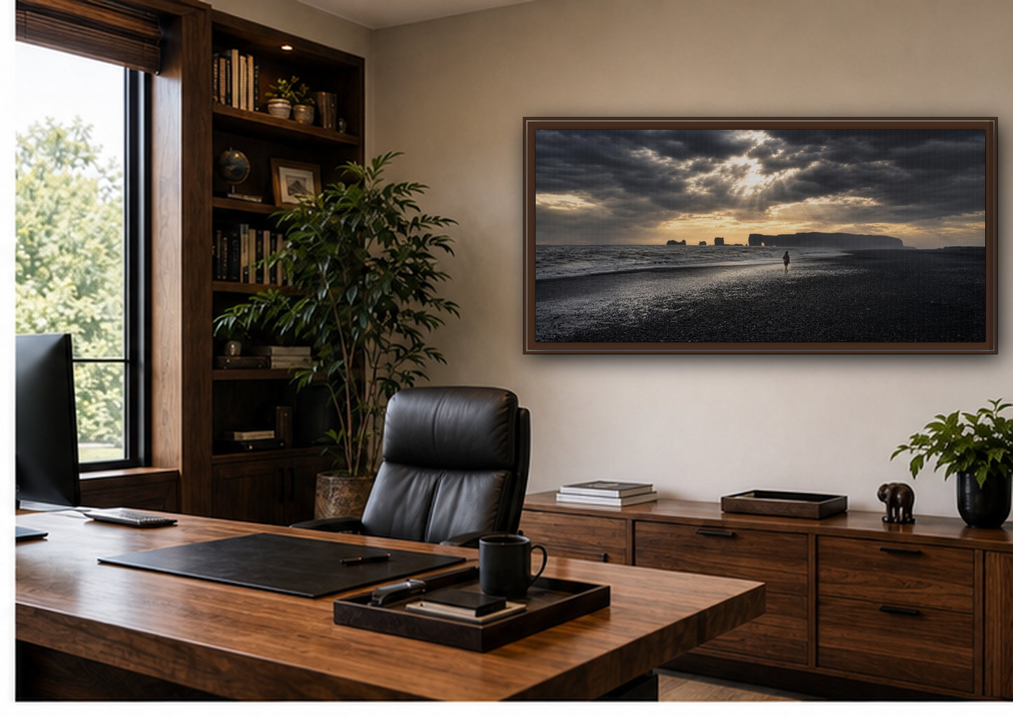 Stormy Iceland Black Sand Beach Wall Art, Panoramic Framed Canvas Print, Moody Nordic Coastal Decor