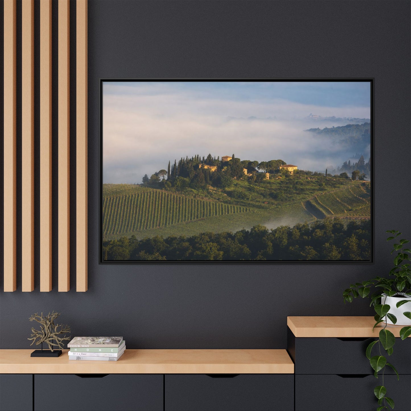Tuscan Landscape Wall Art, Foggy Sunrise Tuscany Print, Framed Canvas Italy Vineyard Decor