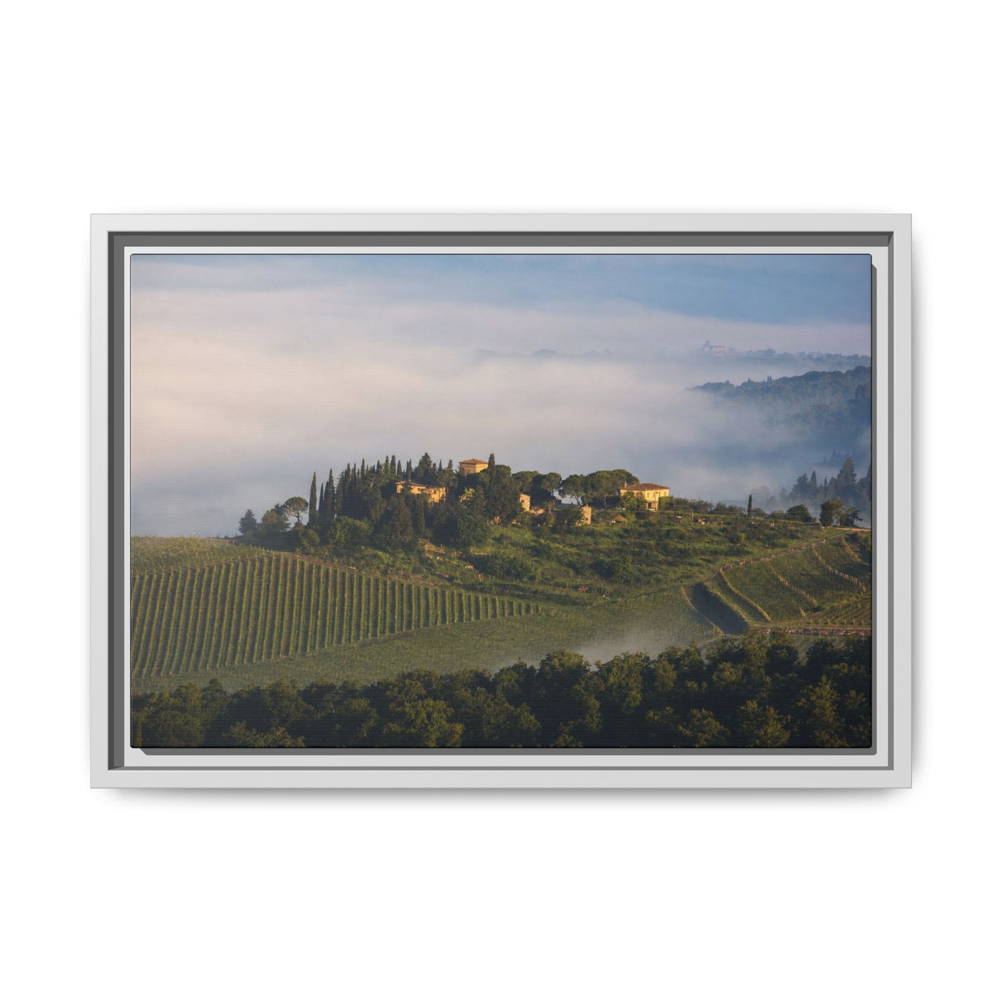 Tuscan Landscape Wall Art, Foggy Sunrise Tuscany Print, Framed Canvas Italy Vineyard Decor