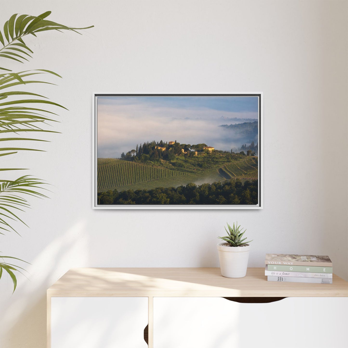Tuscan Landscape Wall Art, Foggy Sunrise Tuscany Print, Framed Canvas Italy Vineyard Decor