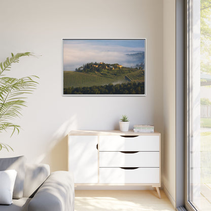 Tuscan Landscape Wall Art, Foggy Sunrise Tuscany Print, Framed Canvas Italy Vineyard Decor