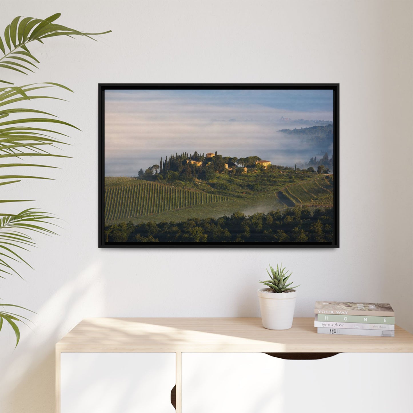 Tuscan Landscape Wall Art, Foggy Sunrise Tuscany Print, Framed Canvas Italy Vineyard Decor