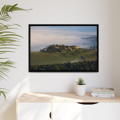 Tuscan Landscape Wall Art, Foggy Sunrise Tuscany Print, Framed Canvas Italy Vineyard Decor