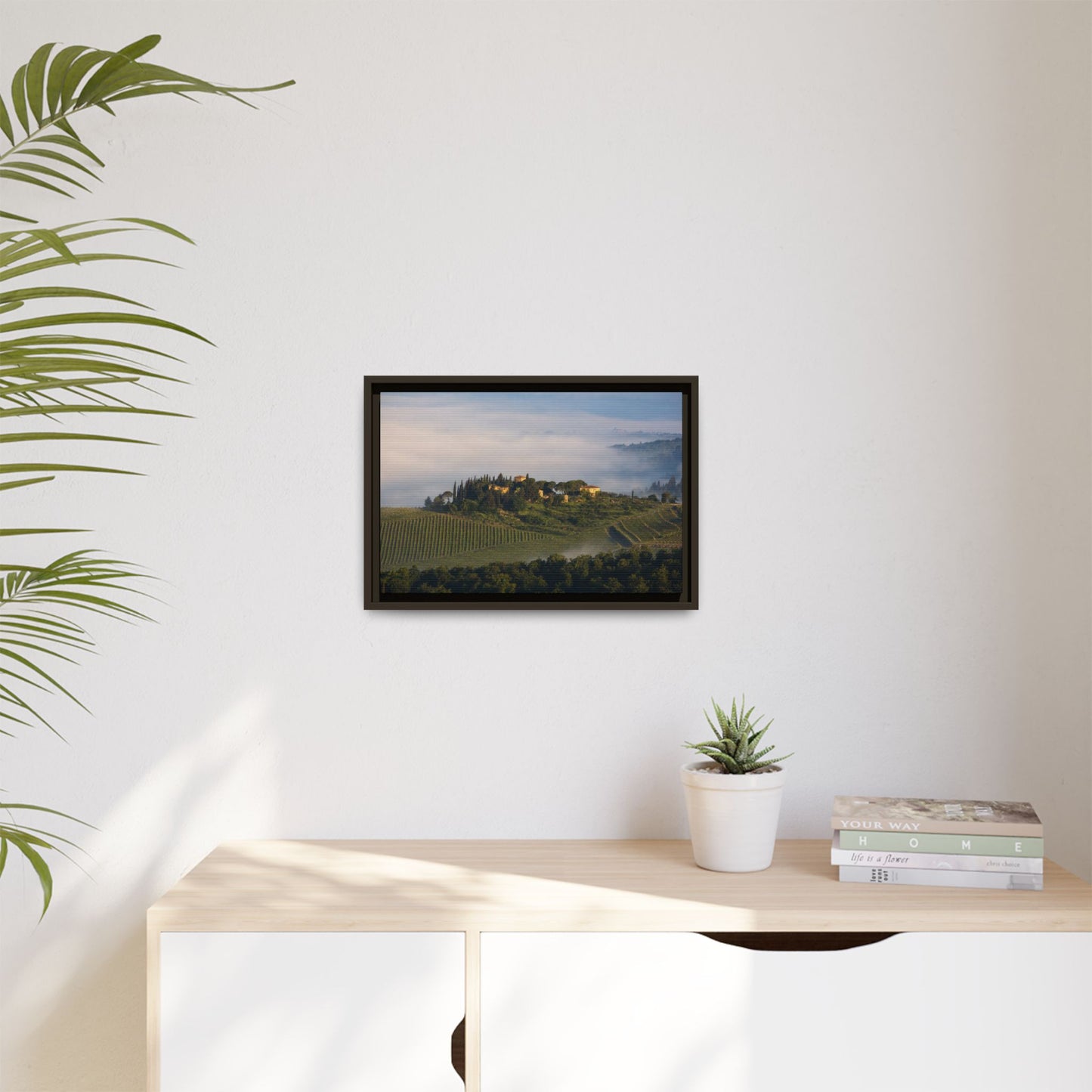 Tuscan Landscape Wall Art, Foggy Sunrise Tuscany Print, Framed Canvas Italy Vineyard Decor