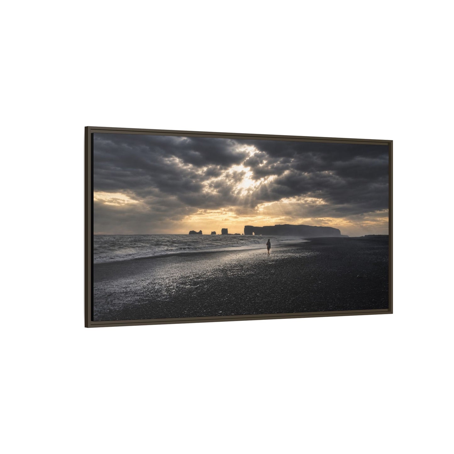 Stormy Iceland Black Sand Beach Wall Art, Panoramic Framed Canvas Print, Moody Nordic Coastal Decor