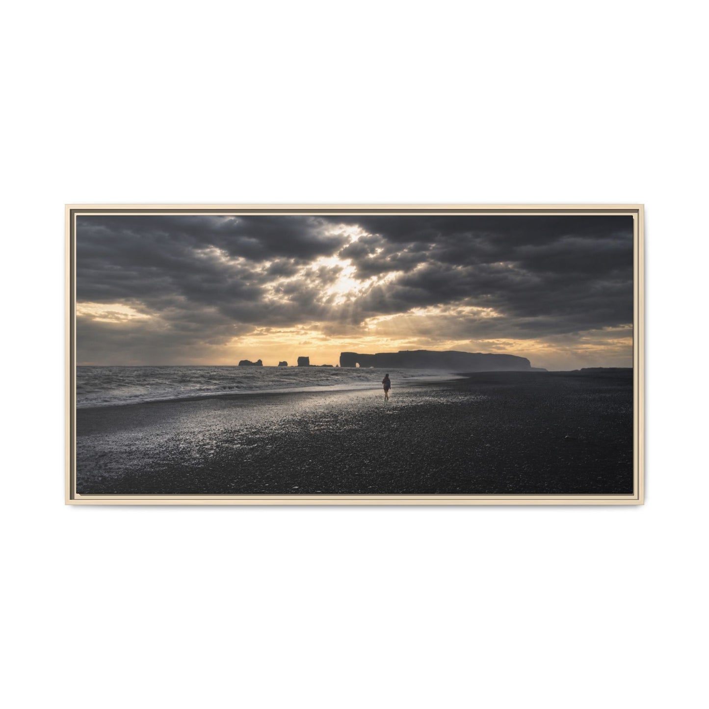 Stormy Iceland Black Sand Beach Wall Art, Panoramic Framed Canvas Print, Moody Nordic Coastal Decor