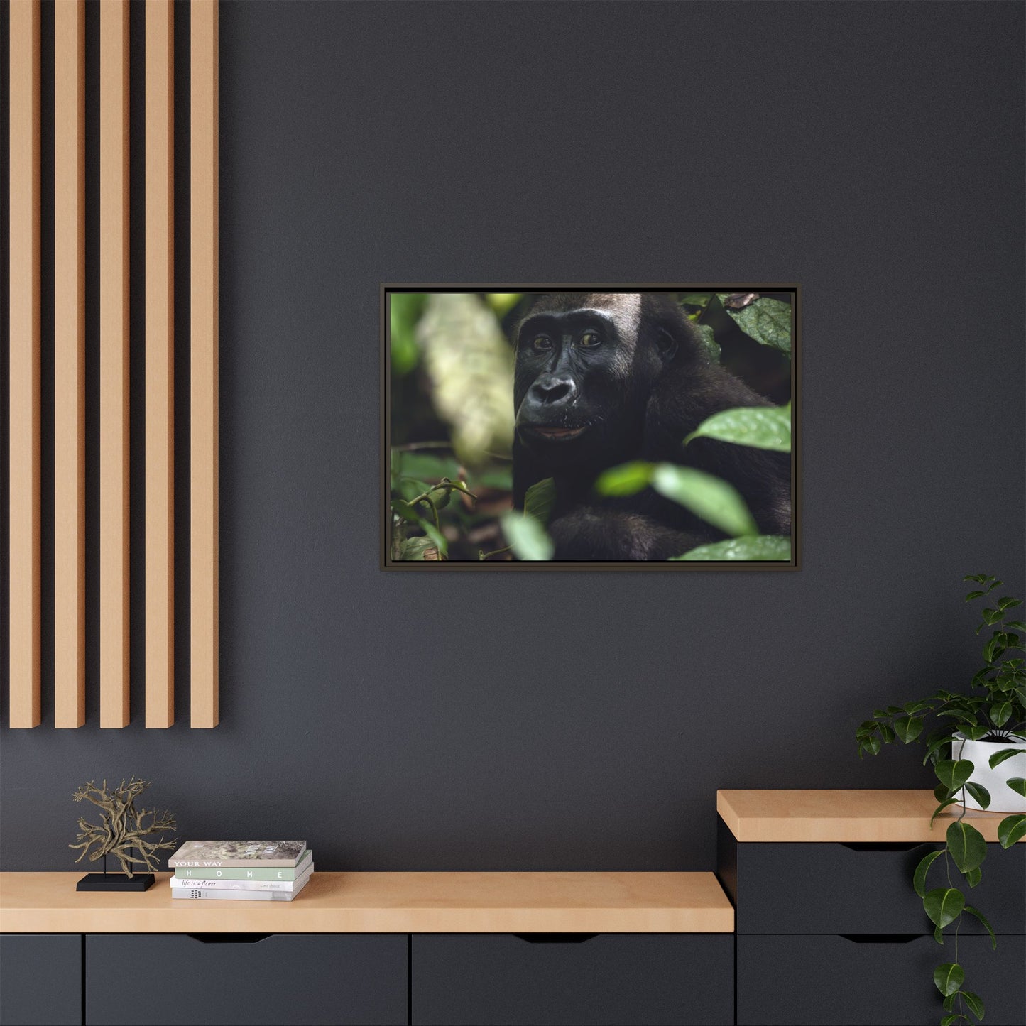 Female Gorilla Portrait Wall Art, Gabon Wildlife Photo, African Forest Espresso Framed Canvas Print