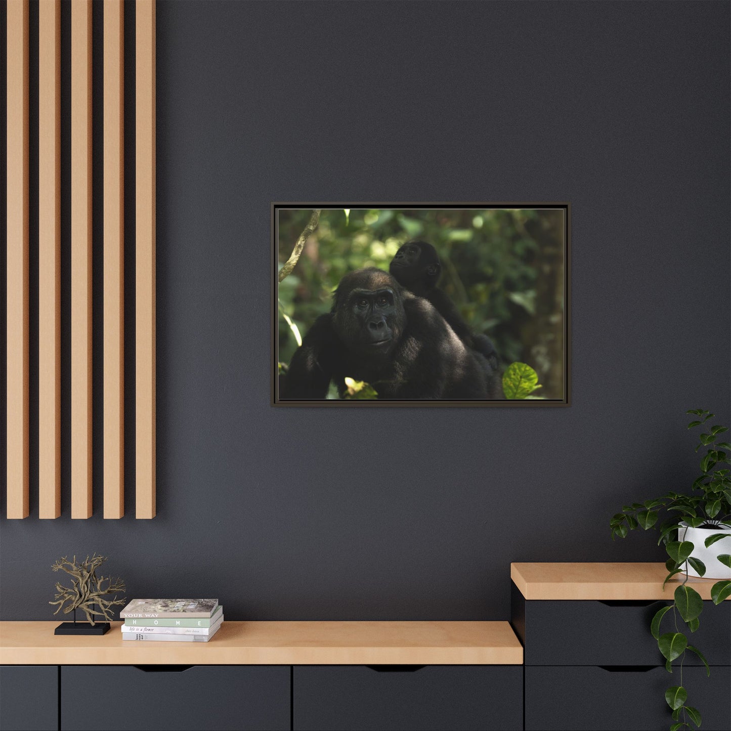 Gorilla Mother and Baby Wall Art, Gabon Wildlife Photo, African Forest Espresso Framed Canvas Print