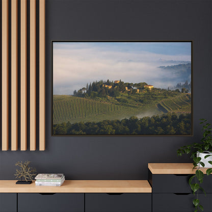 Tuscan Landscape Wall Art, Foggy Sunrise Tuscany Print, Framed Canvas Italy Vineyard Decor