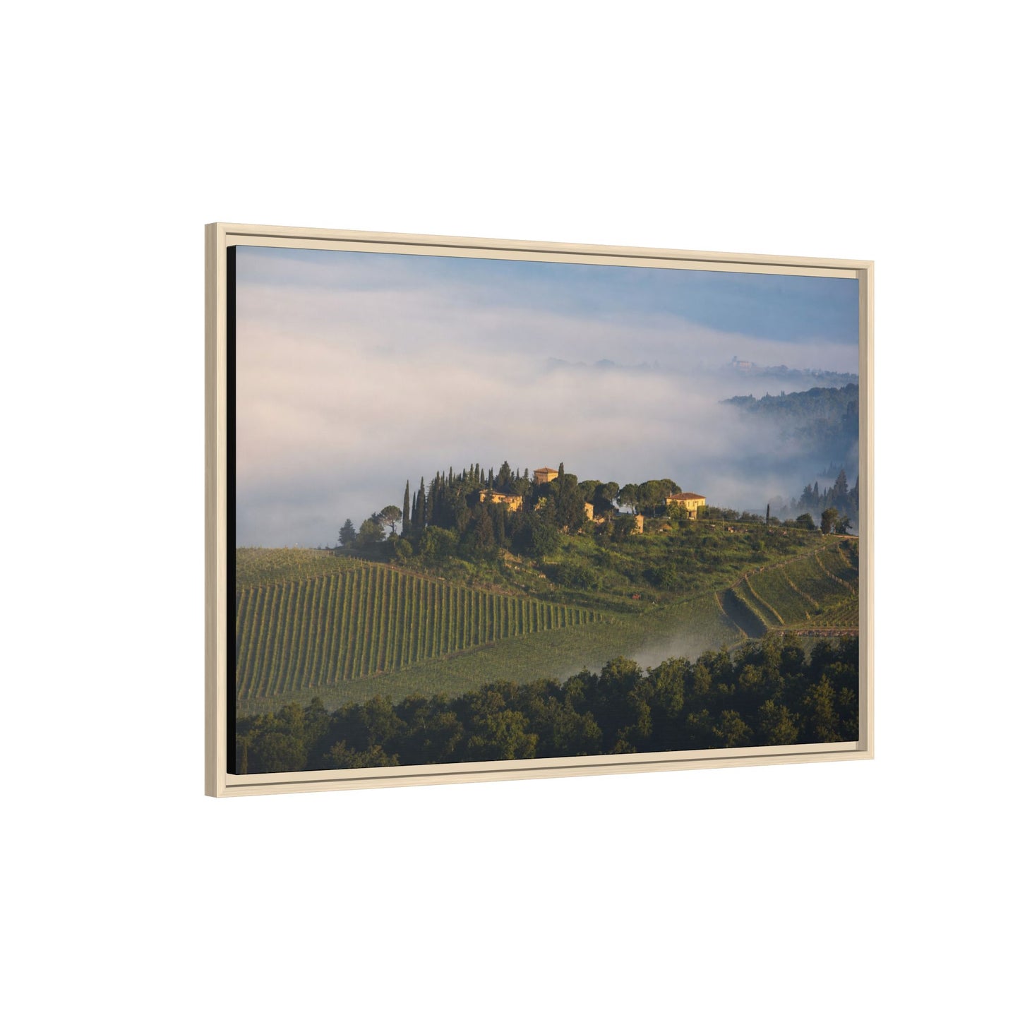 Tuscan Landscape Wall Art, Foggy Sunrise Tuscany Print, Framed Canvas Italy Vineyard Decor