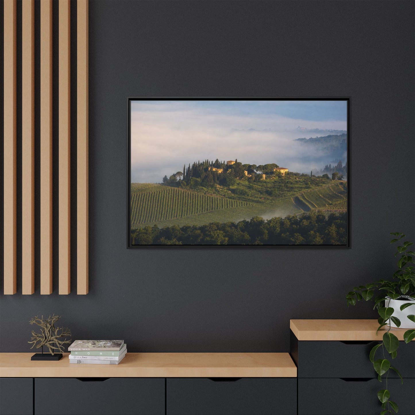 Tuscan Landscape Wall Art, Foggy Sunrise Tuscany Print, Framed Canvas Italy Vineyard Decor