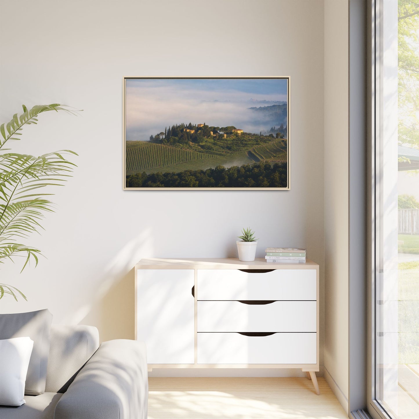 Tuscan Landscape Wall Art, Foggy Sunrise Tuscany Print, Framed Canvas Italy Vineyard Decor