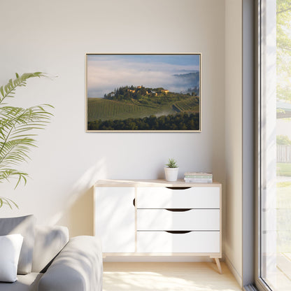 Tuscan Landscape Wall Art, Foggy Sunrise Tuscany Print, Framed Canvas Italy Vineyard Decor