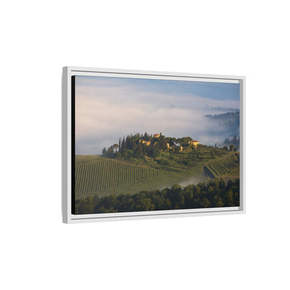 Tuscan Landscape Wall Art, Foggy Sunrise Tuscany Print, Framed Canvas Italy Vineyard Decor