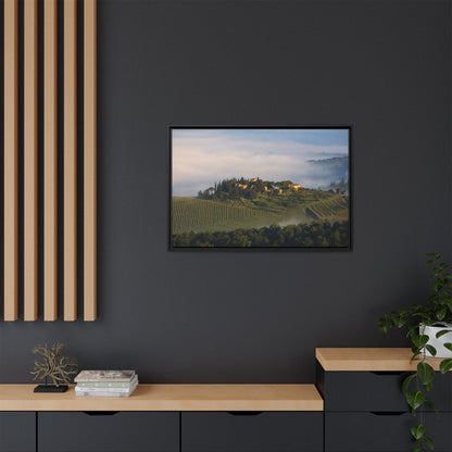 Tuscan Landscape Wall Art, Foggy Sunrise Tuscany Print, Framed Canvas Italy Vineyard Decor
