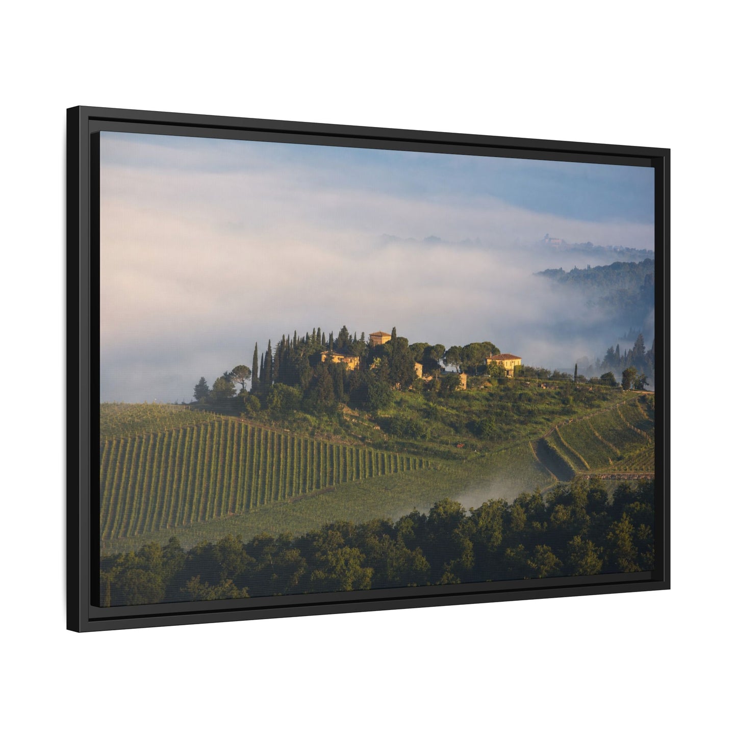 Tuscan Landscape Wall Art, Foggy Sunrise Tuscany Print, Framed Canvas Italy Vineyard Decor
