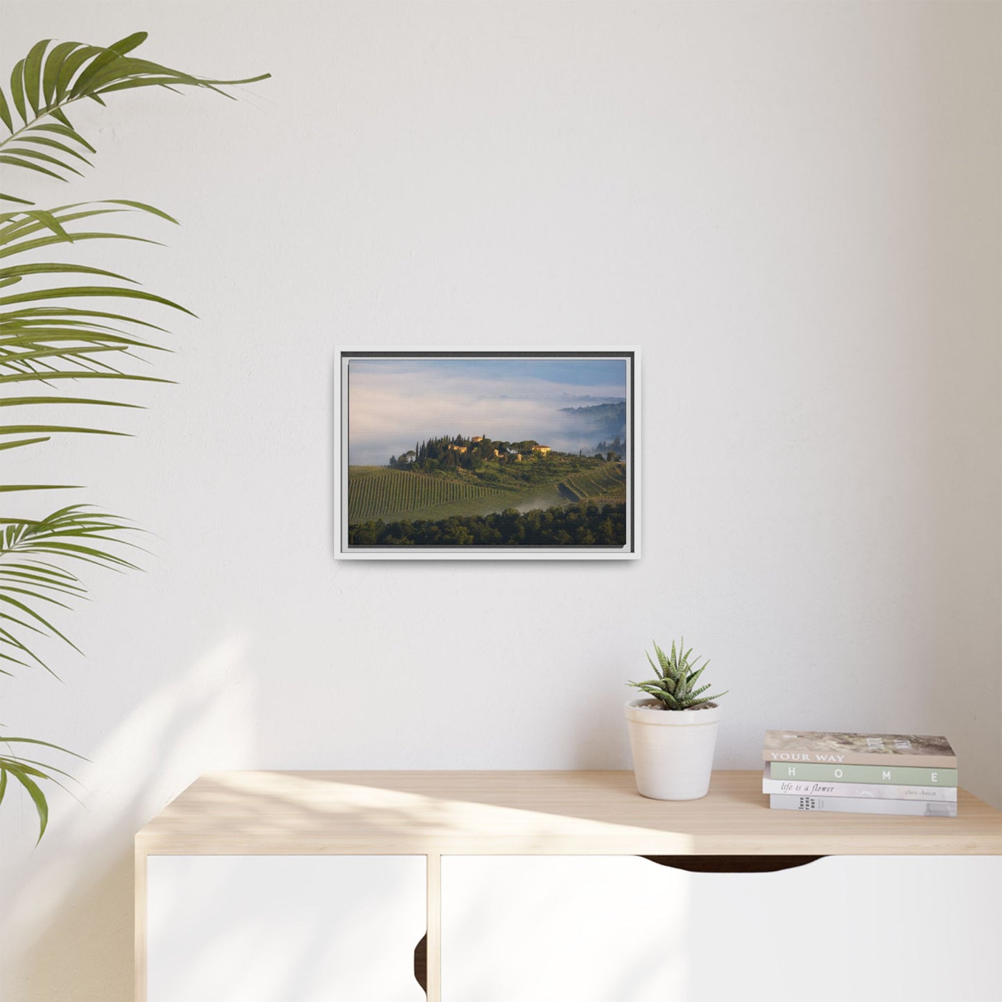 Tuscan Landscape Wall Art, Foggy Sunrise Tuscany Print, Framed Canvas Italy Vineyard Decor