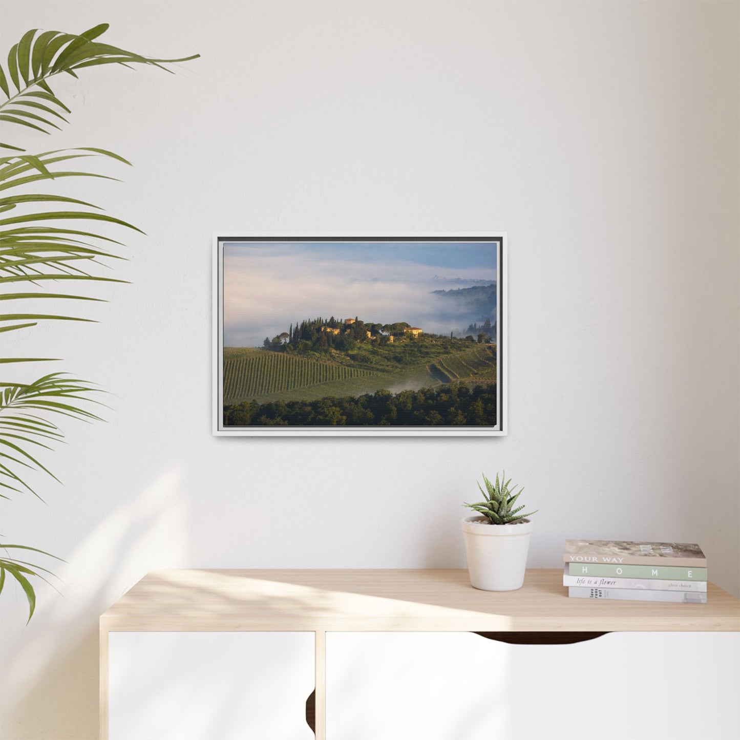 Tuscan Landscape Wall Art, Foggy Sunrise Tuscany Print, Framed Canvas Italy Vineyard Decor