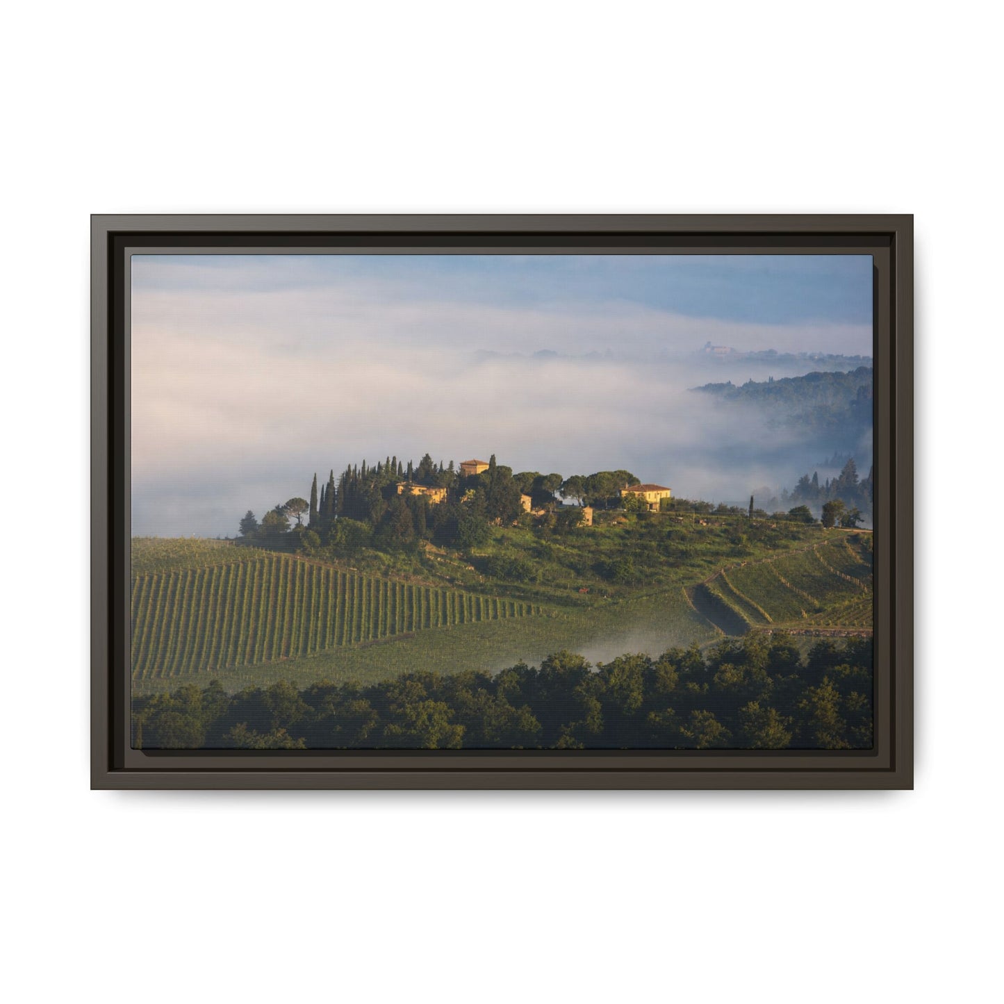 Tuscan Landscape Wall Art, Foggy Sunrise Tuscany Print, Framed Canvas Italy Vineyard Decor