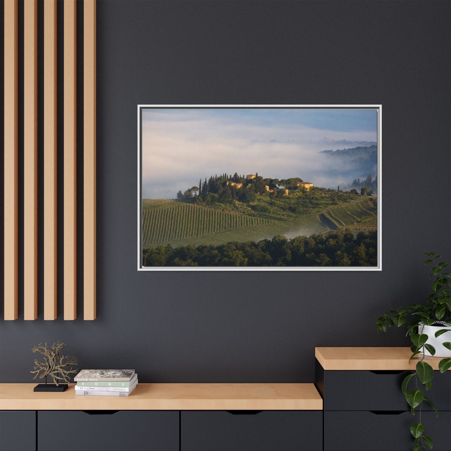 Tuscan Landscape Wall Art, Foggy Sunrise Tuscany Print, Framed Canvas Italy Vineyard Decor