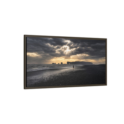 Stormy Iceland Black Sand Beach Wall Art, Panoramic Framed Canvas Print, Moody Nordic Coastal Decor