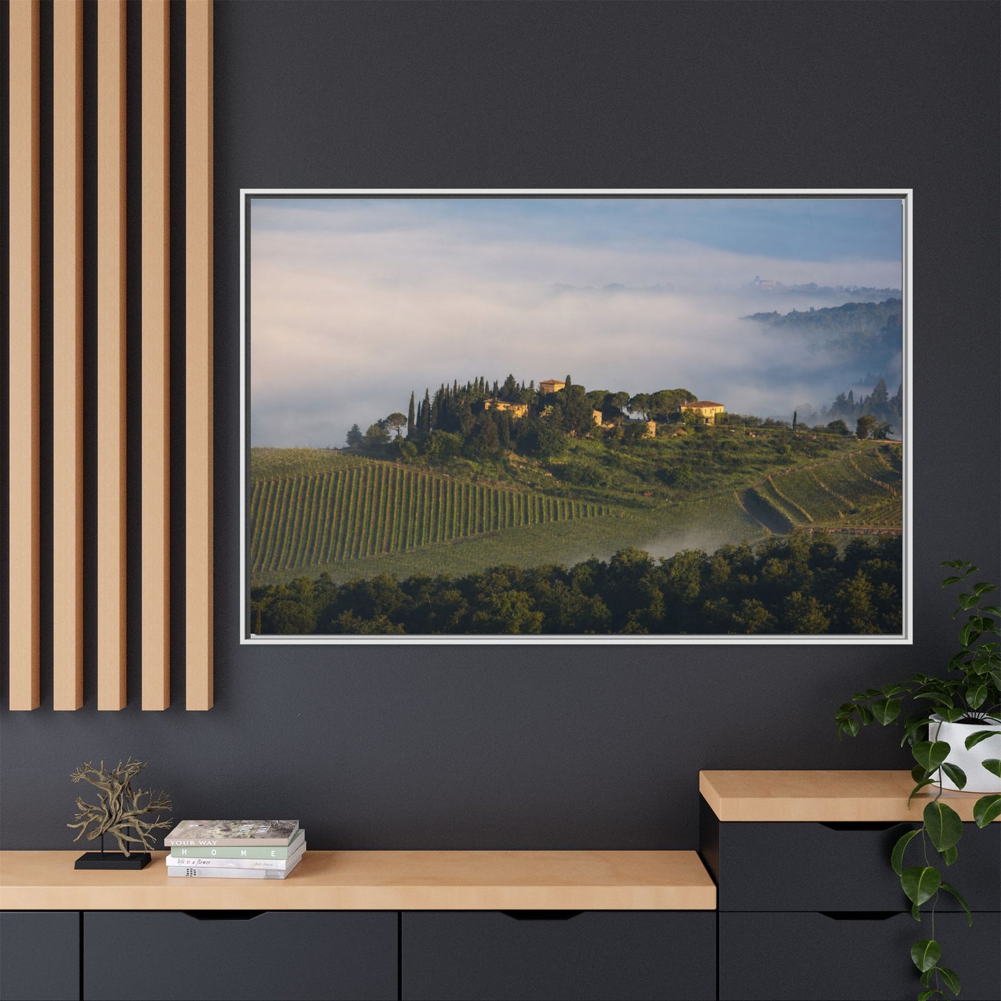 Tuscan Landscape Wall Art, Foggy Sunrise Tuscany Print, Framed Canvas Italy Vineyard Decor