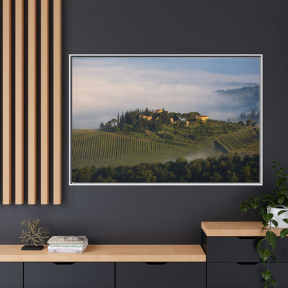 Tuscan Landscape Wall Art, Foggy Sunrise Tuscany Print, Framed Canvas Italy Vineyard Decor