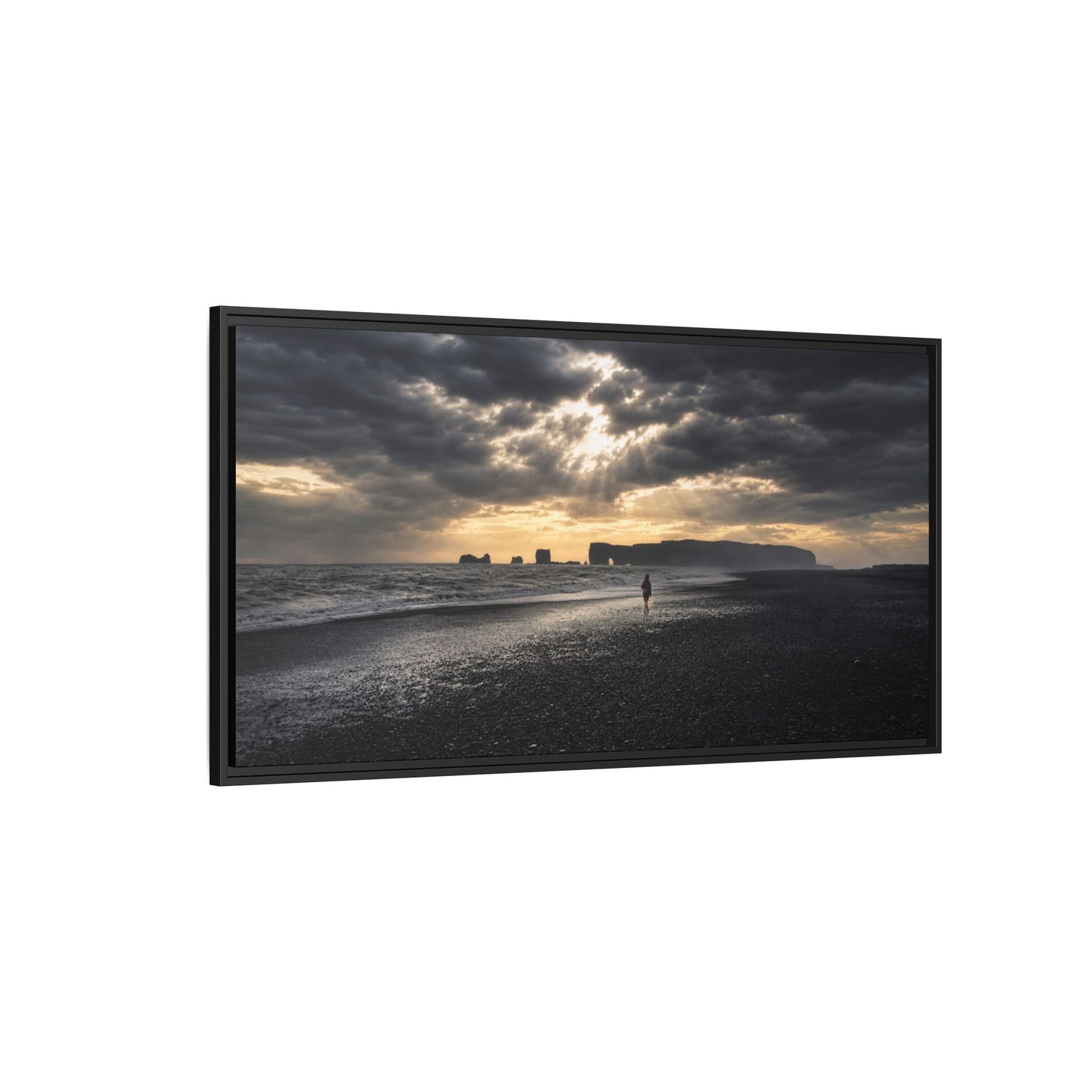 Stormy Iceland Black Sand Beach Wall Art, Panoramic Framed Canvas Print, Moody Nordic Coastal Decor