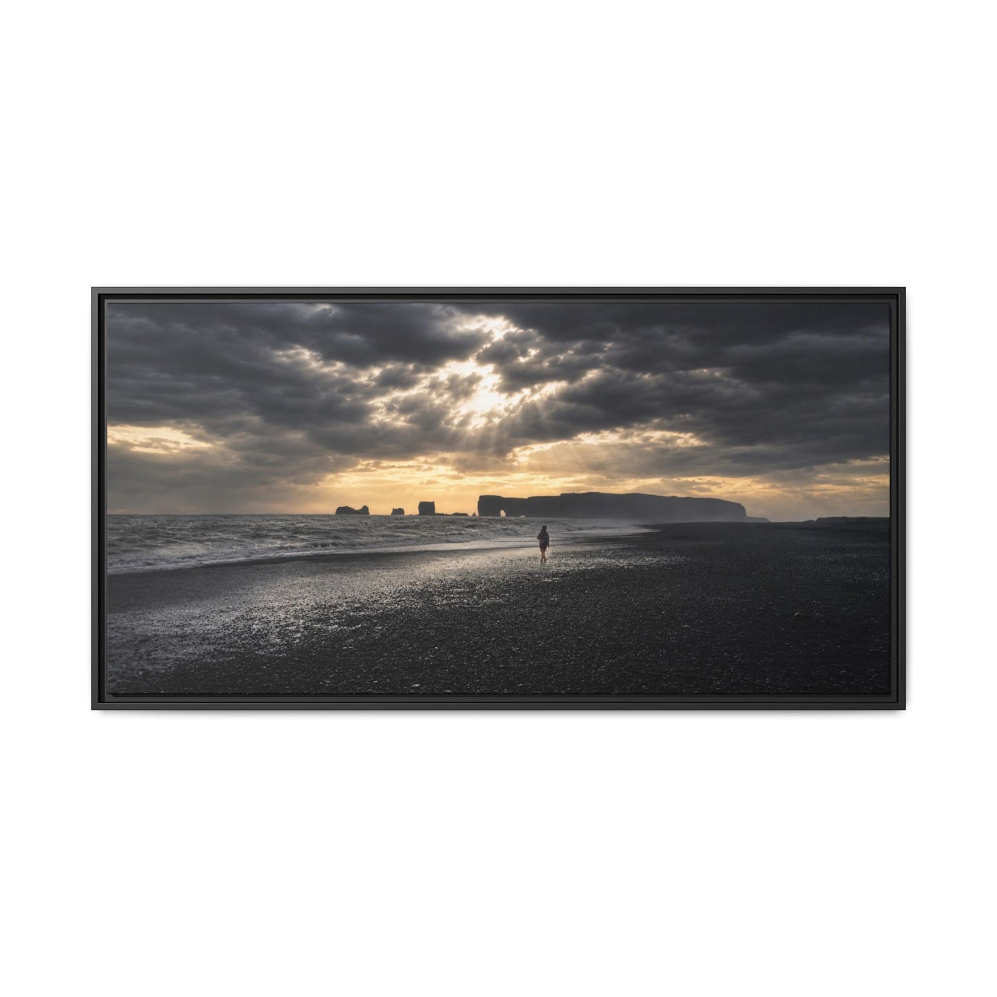Stormy Iceland Black Sand Beach Wall Art, Panoramic Framed Canvas Print, Moody Nordic Coastal Decor