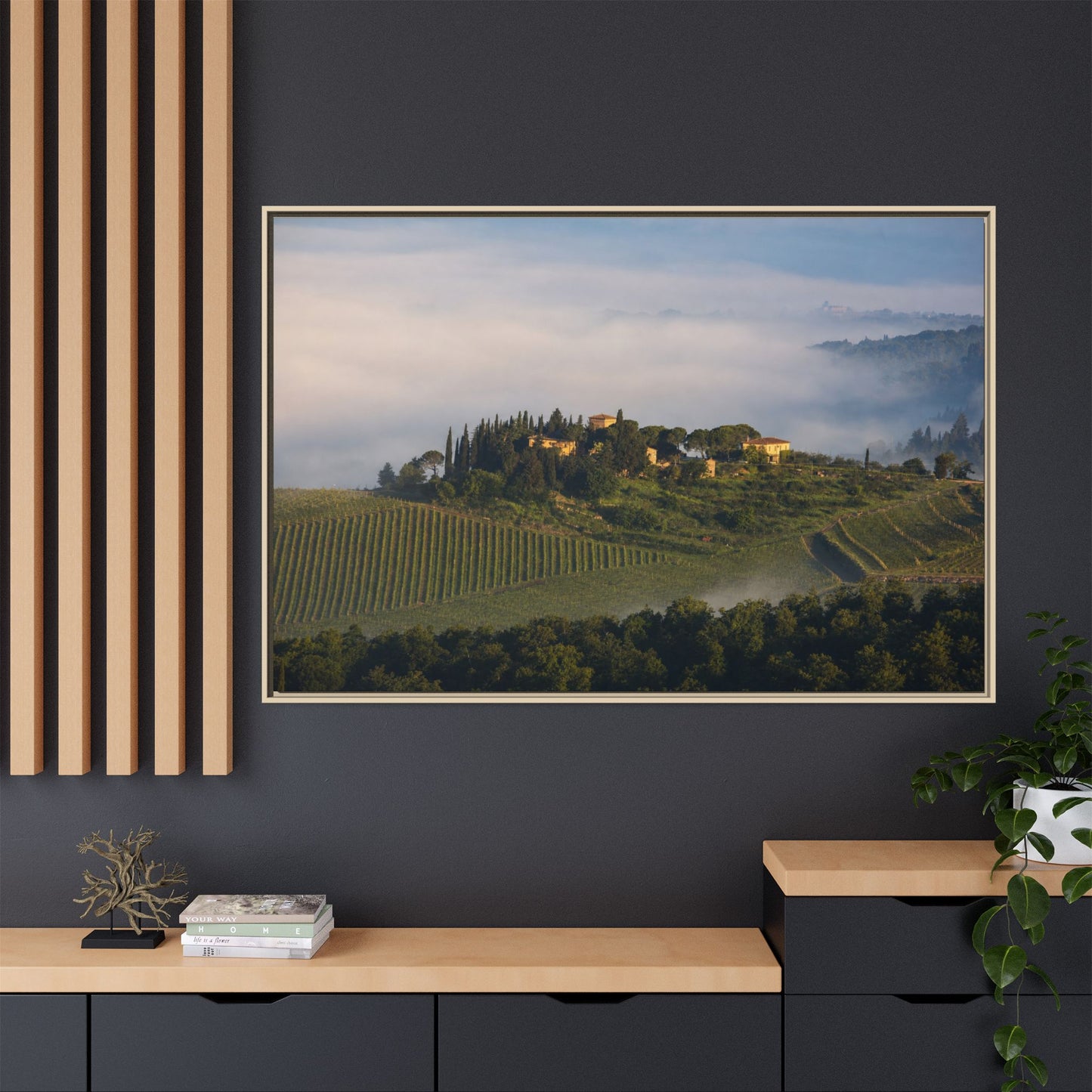 Tuscan Landscape Wall Art, Foggy Sunrise Tuscany Print, Framed Canvas Italy Vineyard Decor