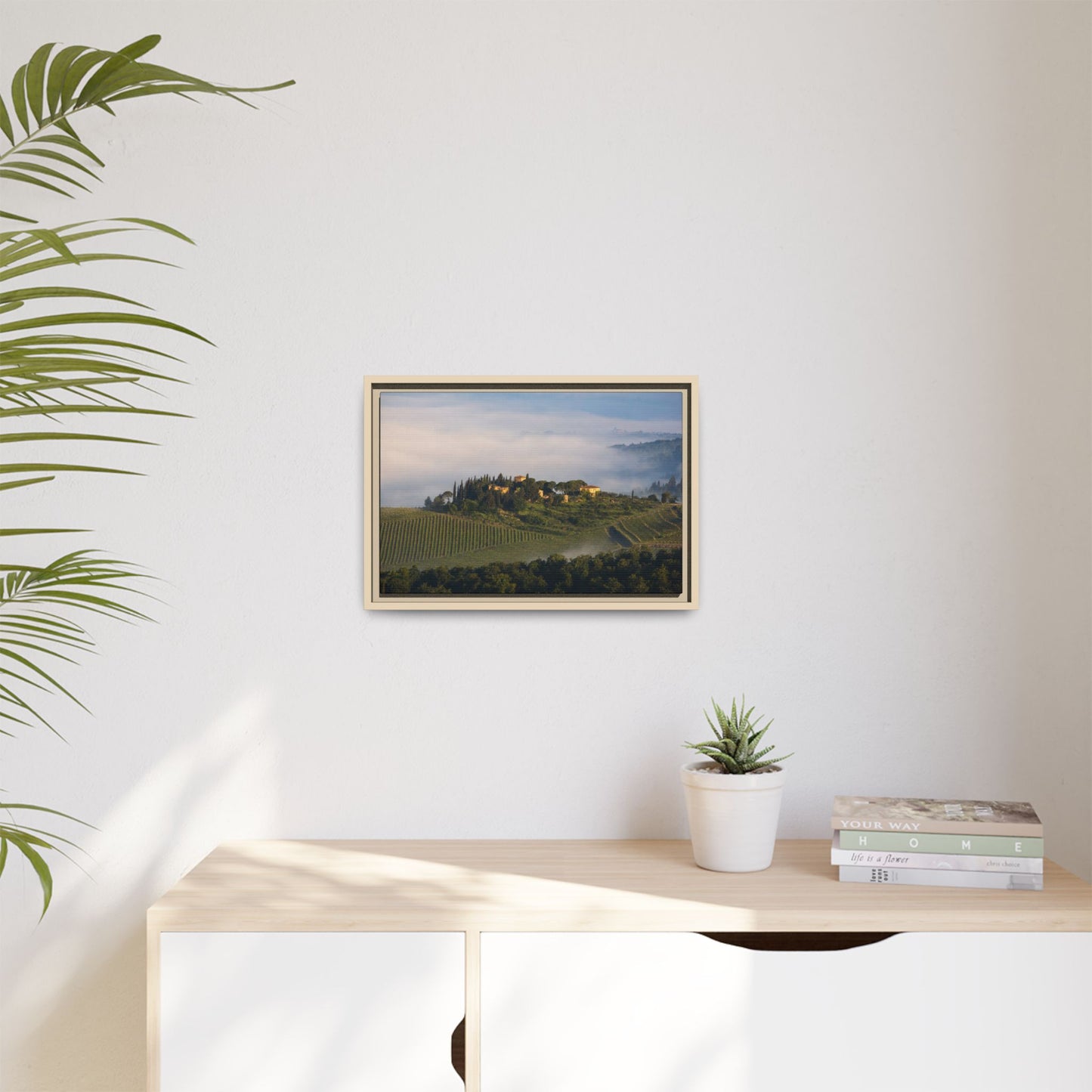 Tuscan Landscape Wall Art, Foggy Sunrise Tuscany Print, Framed Canvas Italy Vineyard Decor