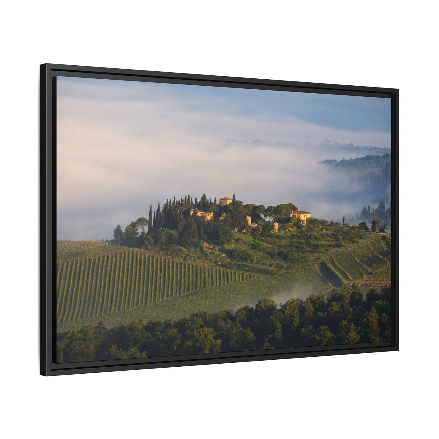 Tuscan Landscape Wall Art, Foggy Sunrise Tuscany Print, Framed Canvas Italy Vineyard Decor
