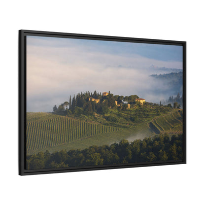 Tuscan Landscape Wall Art, Foggy Sunrise Tuscany Print, Framed Canvas Italy Vineyard Decor