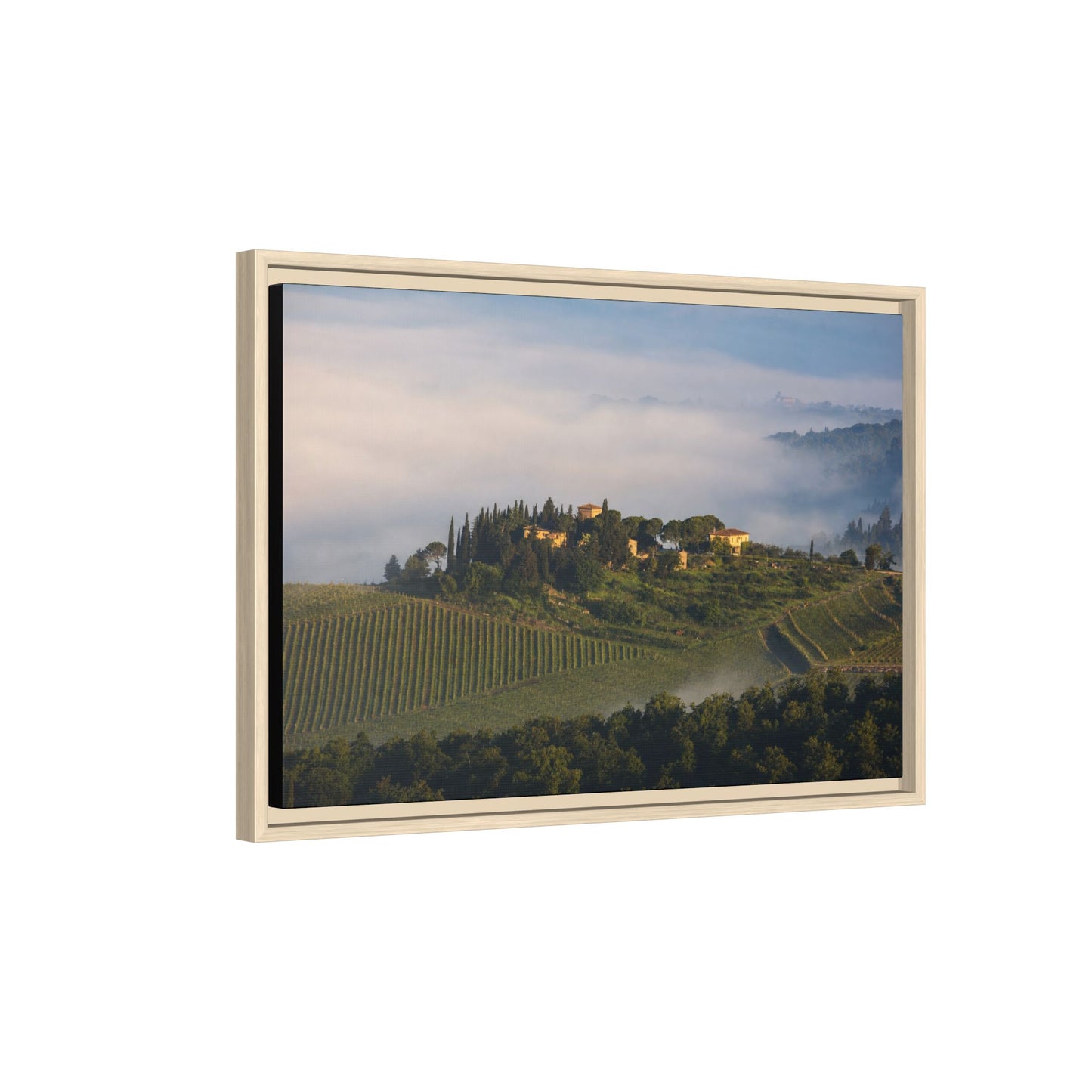 Tuscan Landscape Wall Art, Foggy Sunrise Tuscany Print, Framed Canvas Italy Vineyard Decor