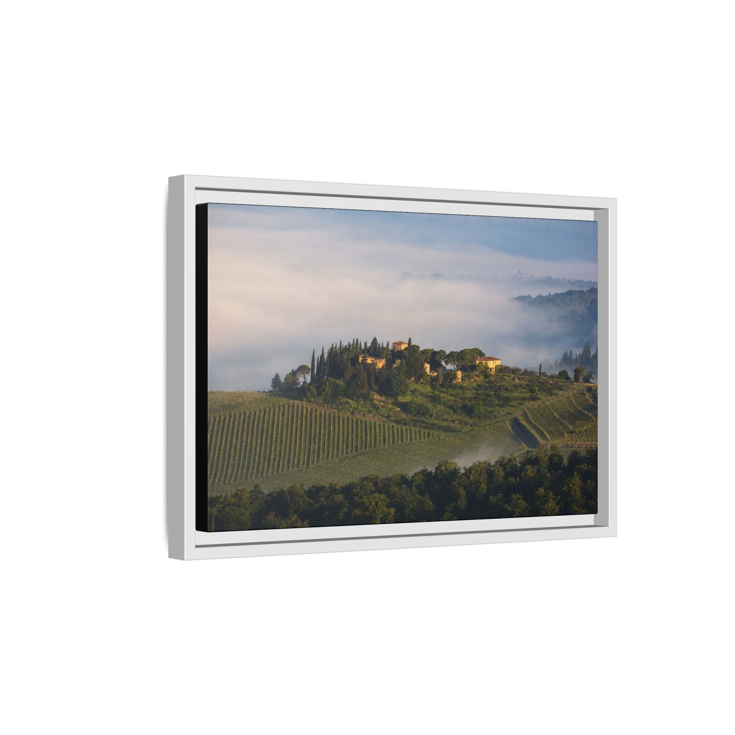 Tuscan Landscape Wall Art, Foggy Sunrise Tuscany Print, Framed Canvas Italy Vineyard Decor