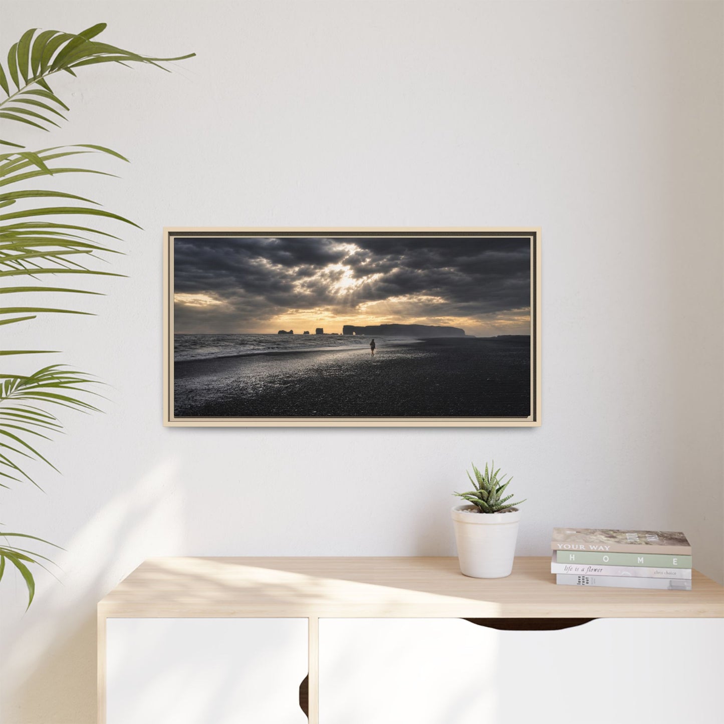 Stormy Iceland Black Sand Beach Wall Art, Panoramic Framed Canvas Print, Moody Nordic Coastal Decor