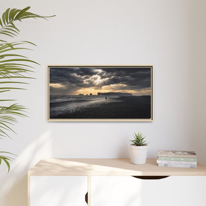 Stormy Iceland Black Sand Beach Wall Art, Panoramic Framed Canvas Print, Moody Nordic Coastal Decor