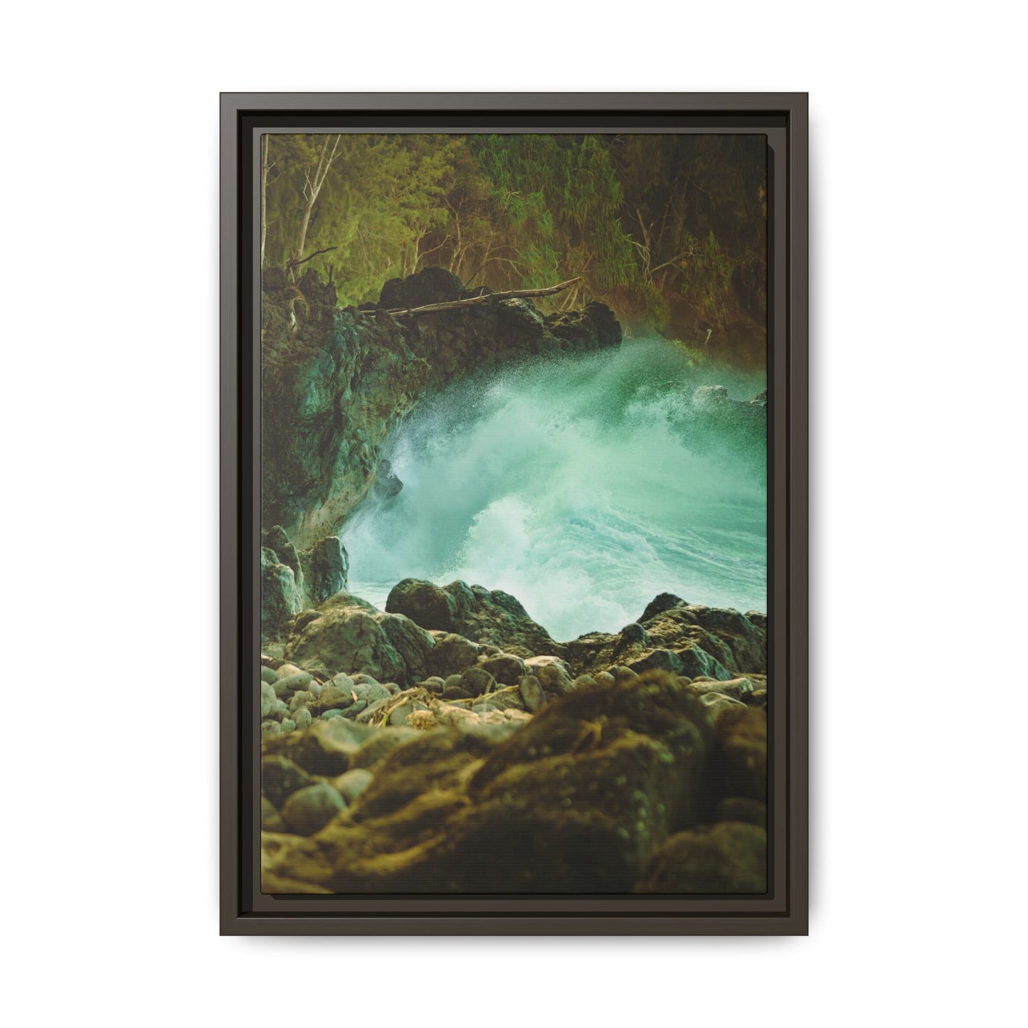 Hawaii Ocean Wall Art, Big Island Surf Photo, Lava Rock Coastal Print, Espresso Framed Canvas Decor