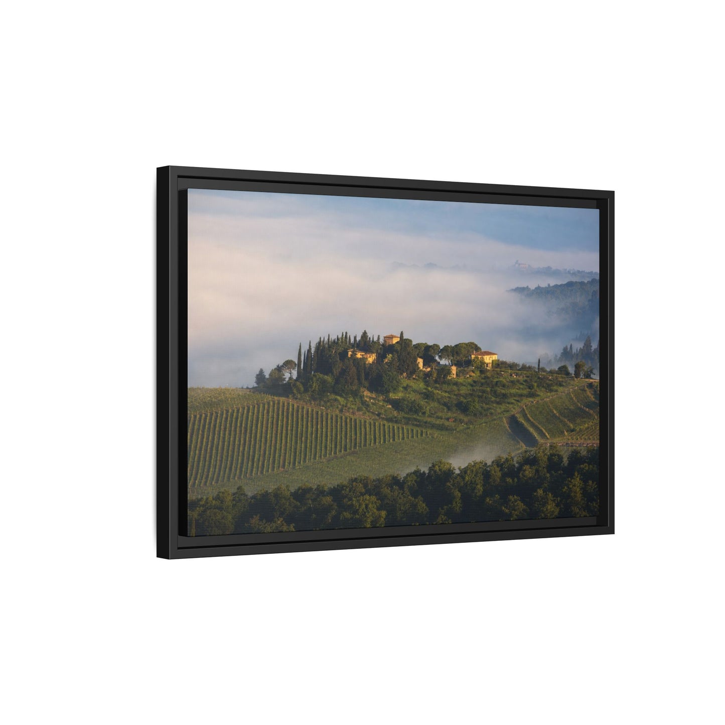 Tuscan Landscape Wall Art, Foggy Sunrise Tuscany Print, Framed Canvas Italy Vineyard Decor