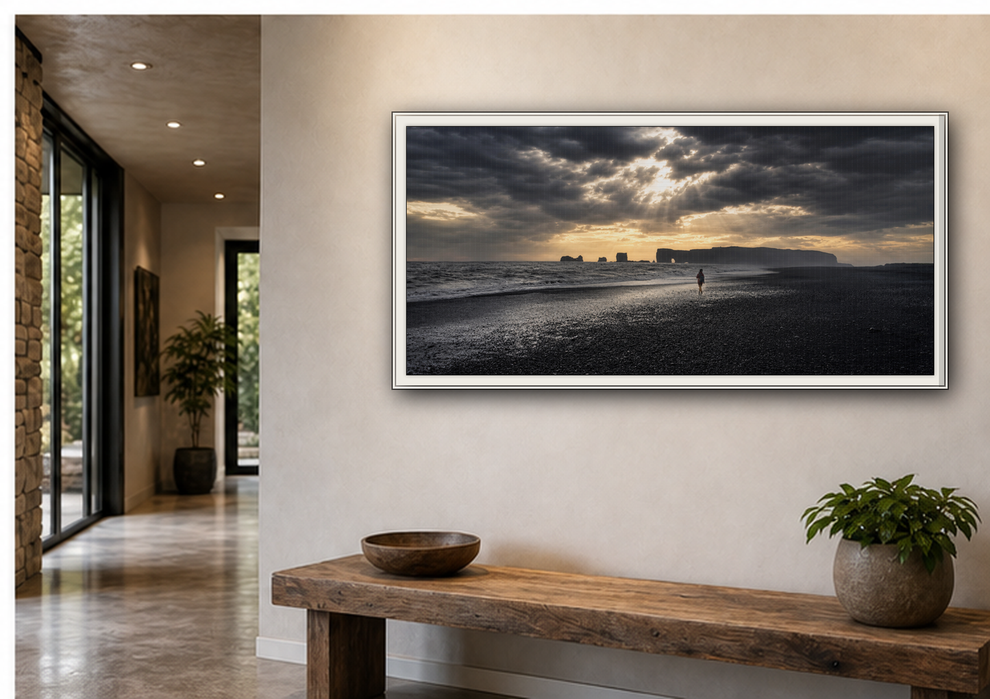 Stormy Iceland Black Sand Beach Wall Art, Panoramic Framed Canvas Print, Moody Nordic Coastal Decor