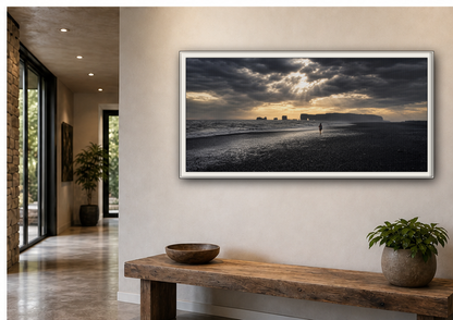 Stormy Iceland Black Sand Beach Wall Art, Panoramic Framed Canvas Print, Moody Nordic Coastal Decor