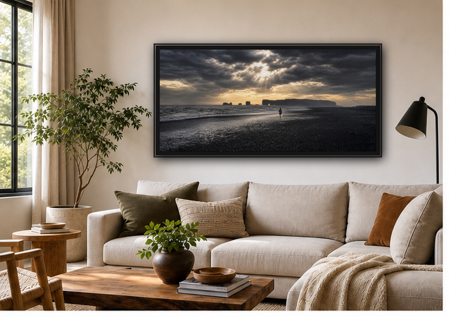 Stormy Iceland Black Sand Beach Wall Art, Panoramic Framed Canvas Print, Moody Nordic Coastal Decor