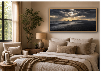Stormy Iceland Black Sand Beach Wall Art, Panoramic Framed Canvas Print, Moody Nordic Coastal Decor