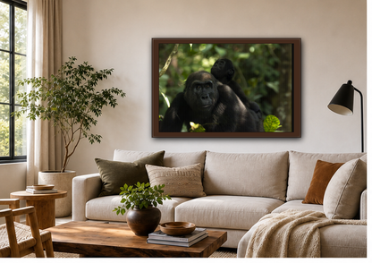 Gorilla Mother and Baby Wall Art, Gabon Wildlife Photo, African Forest Espresso Framed Canvas Print
