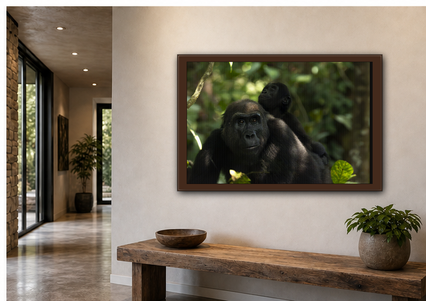 Gorilla Mother and Baby Wall Art, Gabon Wildlife Photo, African Forest Espresso Framed Canvas Print