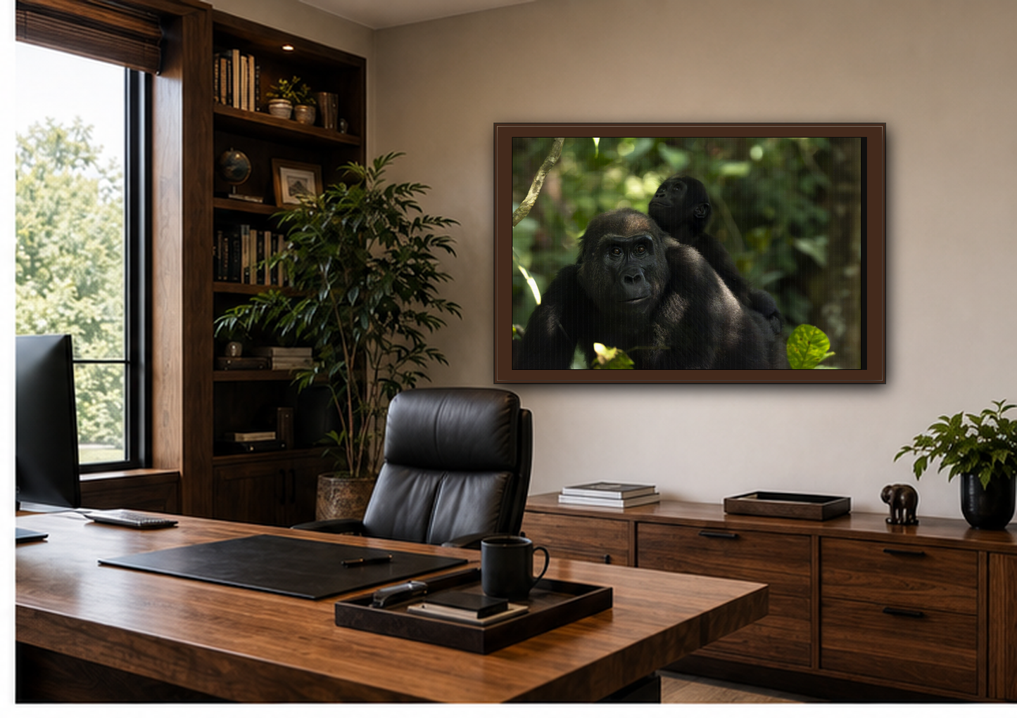Gorilla Mother and Baby Wall Art, Gabon Wildlife Photo, African Forest Espresso Framed Canvas Print