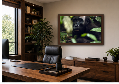 Female Gorilla Portrait Wall Art, Gabon Wildlife Photo, African Forest Espresso Framed Canvas Print