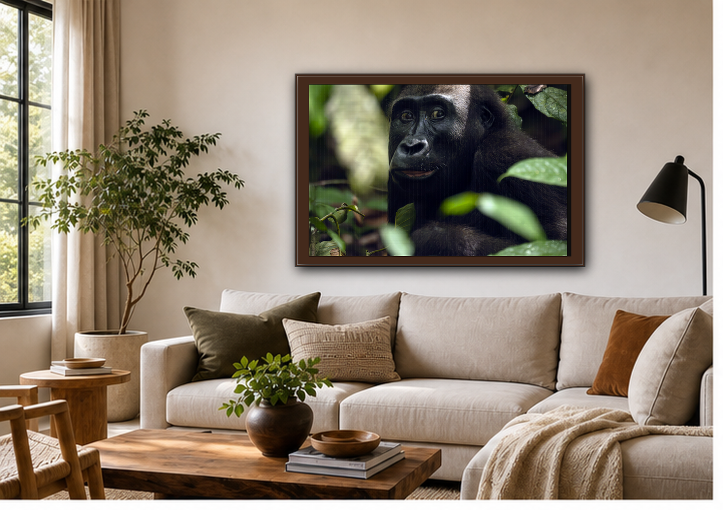 Female Gorilla Portrait Wall Art, Gabon Wildlife Photo, African Forest Espresso Framed Canvas Print