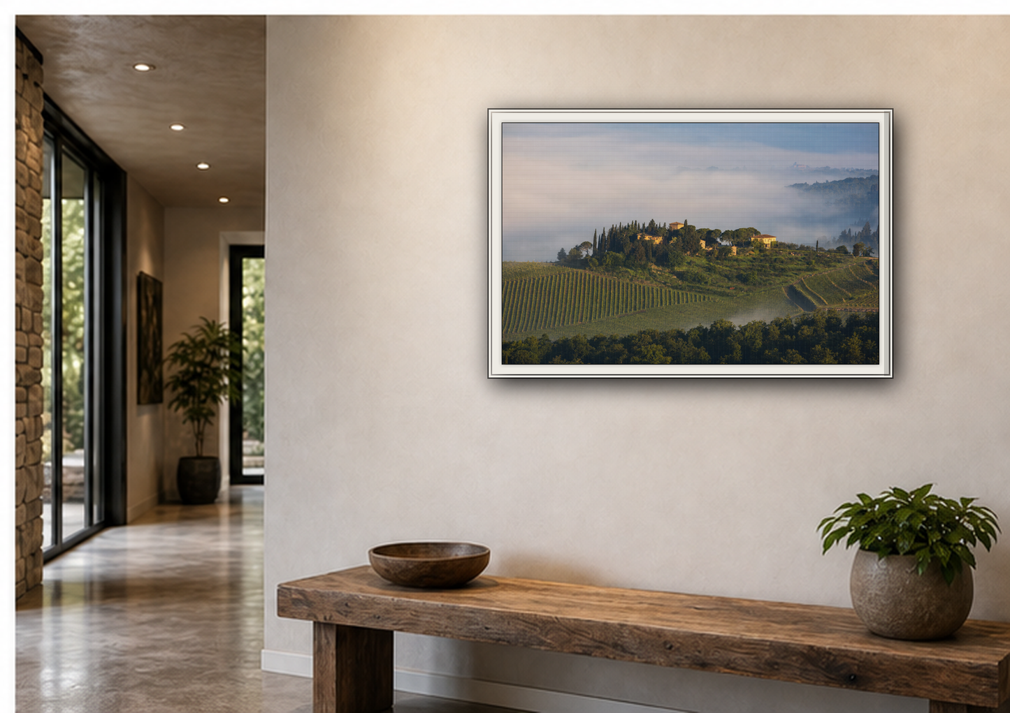 Tuscan Landscape Wall Art, Foggy Sunrise Tuscany Print, Framed Canvas Italy Vineyard Decor