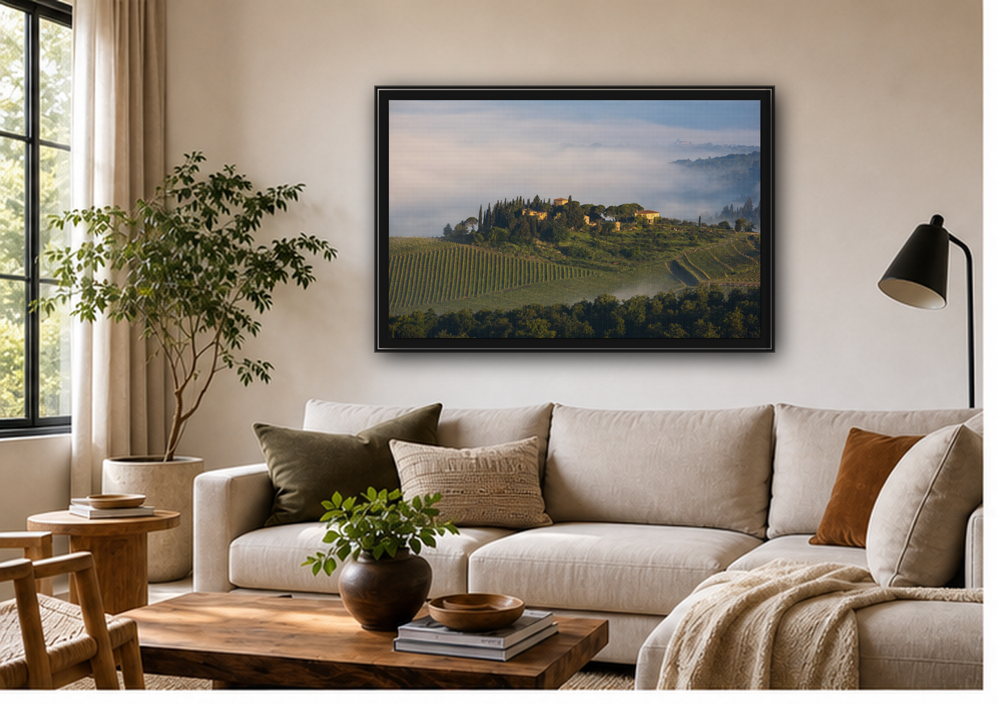 Tuscan Landscape Wall Art, Foggy Sunrise Tuscany Print, Framed Canvas Italy Vineyard Decor